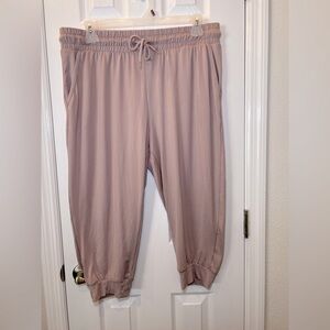 Tan and Pink Capris with Elastic Waistband and Relaxed Fit